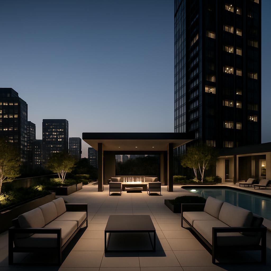 A modern outdoor patio with city skyline in the background.